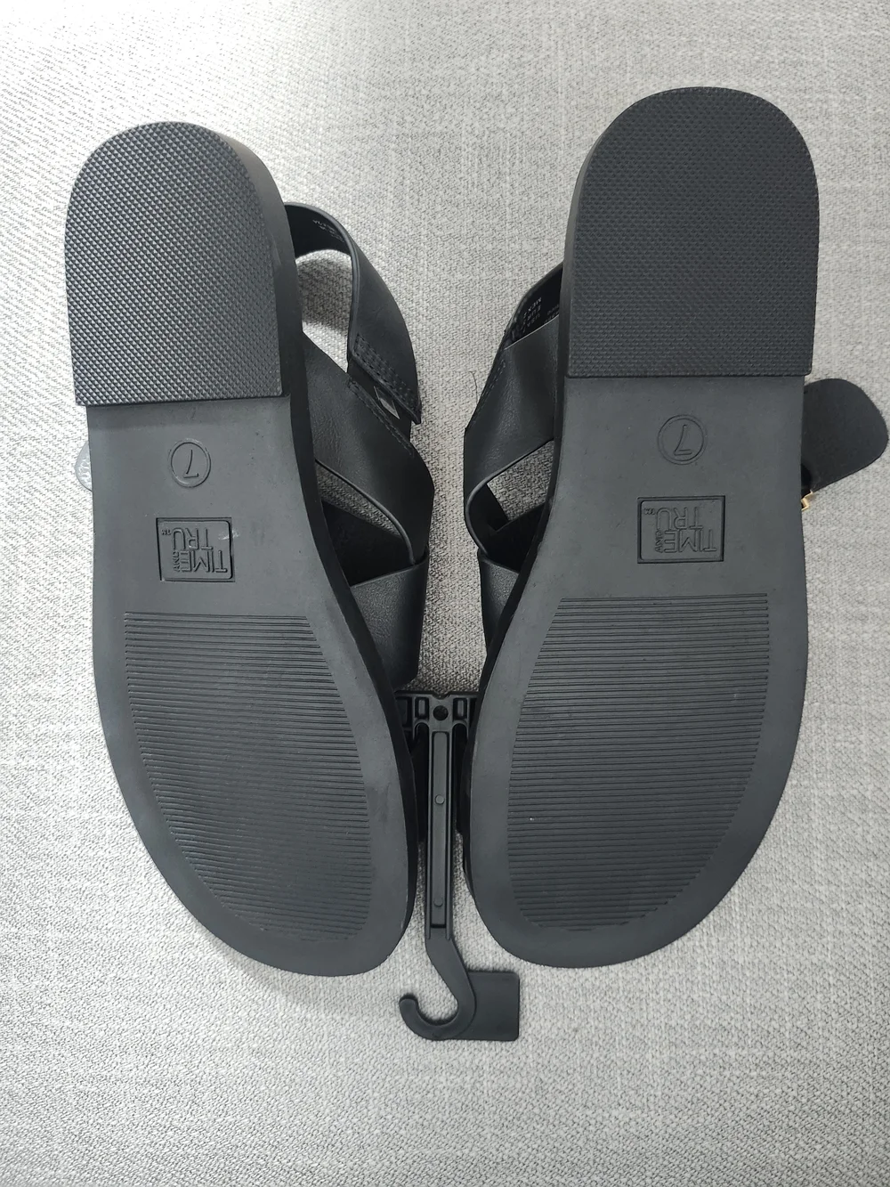 Time and Tru Black Cross-Strap Sandals with Gold Buckle